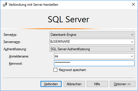 Authentifizierung am SQL Server mit sa